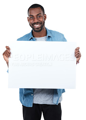 Buy stock photo Sign, portrait and black man with poster for mockup, marketing or advertising space in studio isolated on a white background. Product placement, branding and male with banner for mock up or promotion