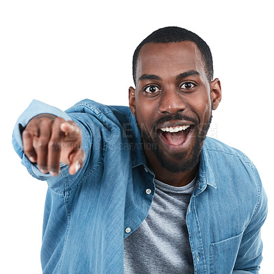 Buy stock photo Black man, pointing and studio portrait with smile, excited and motivation by white background. Isolated African model, man and happy with hand sign for direction, vision and future with edgy fashion