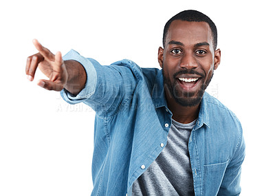 Buy stock photo Black man, studio portrait and pointing for happiness, excited or motivation by white background. Isolated African model, man and happy with hand sign for direction, vision or goals with edgy fashion