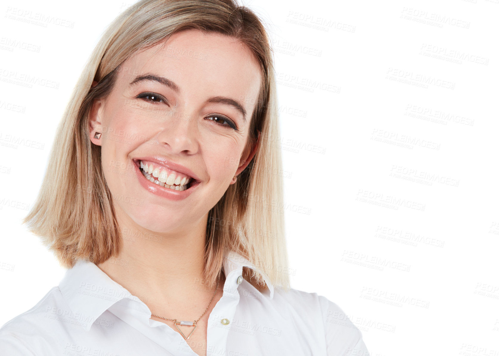 Buy stock photo Portrait, happy and mockup with a woman in studio isolated on a white background for marketing. Face, smile and mock up with an attractive young female on blank space for advertising or branding