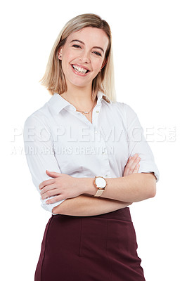 Buy stock photo Business woman, success and CEO portrait, smile for leadership and executive empowerment isolated on white background. Corporate, vision and career goals, mindset and professional leader arms crossed