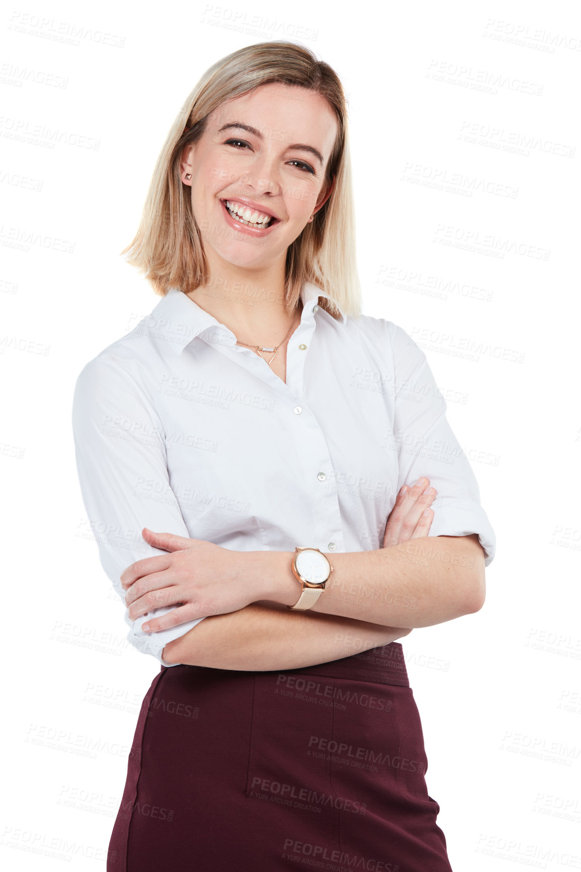 Buy stock photo Business woman, success and CEO portrait, smile for leadership and executive empowerment isolated on white background. Corporate, vision and career goals, mindset and professional leader arms crossed