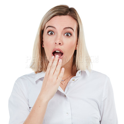 Buy stock photo Business woman and shock portrait in studio for bad surprise, problem or wtf moment of people. Worry, anxiety or stress gasp of shocked and young corporate person at isolated white background.

