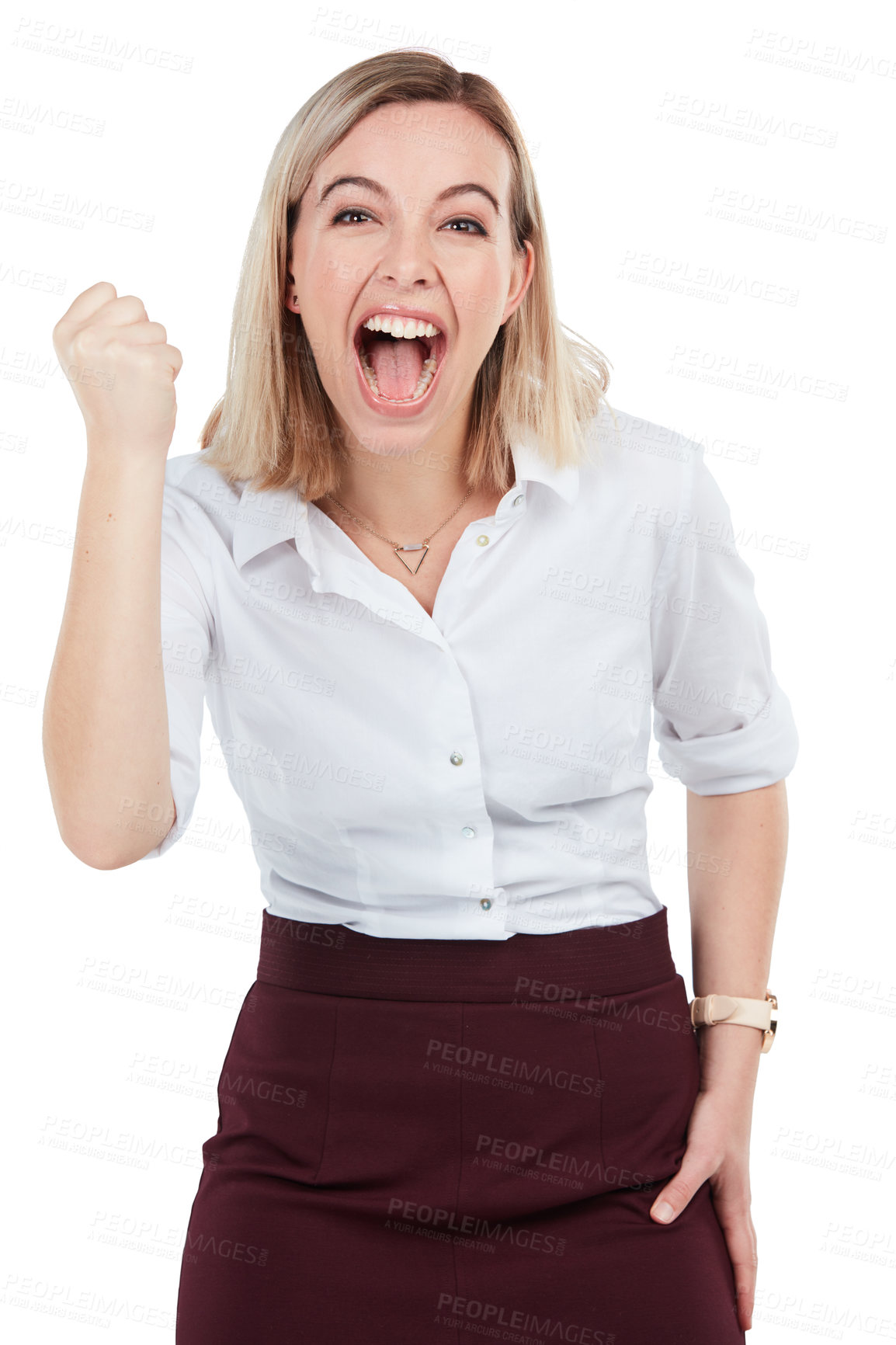 Buy stock photo Portrait, business and woman excited, celebration and cheering with person isolated on white studio background. Female employee, winner and entrepreneur with achievement, opportunity and promotion