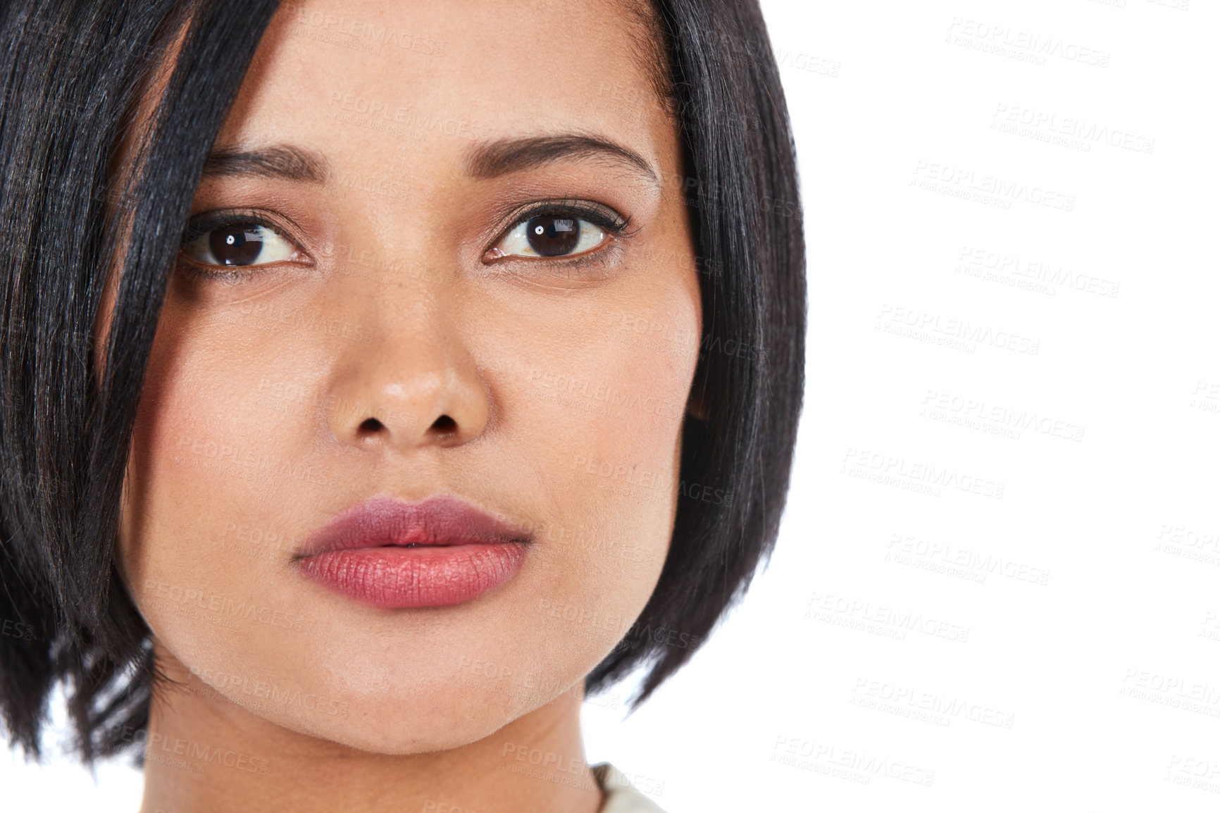 Buy stock photo Skincare, portrait and woman against a white background for wellness, grooming and posing in studio. Beauty, face and girl model relax on mockup for luxury, pamper and makeup routine while isolated