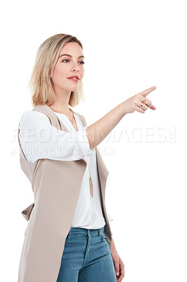 Buy stock photo Fashion, pointing and mockup with a model woman in studio isolated on a white background to show empty space. Logo, branding and product placement with a female posing to point at black mock up