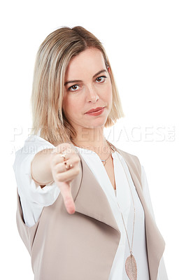 Buy stock photo Vote, thumbs down and portrait of woman unhappy or disappointed opinion isolated on white background. Bad review, dislike and angry person or people with thumb down hand gesture or sign in studio.