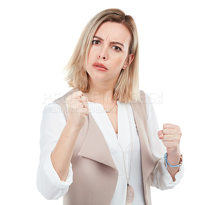 Buy stock photo Woman, angry in portrait with fist and fight pose with self defense and fighter isolated on white background. Anger, warning and conflict with violence and female fighting face, punch and attack