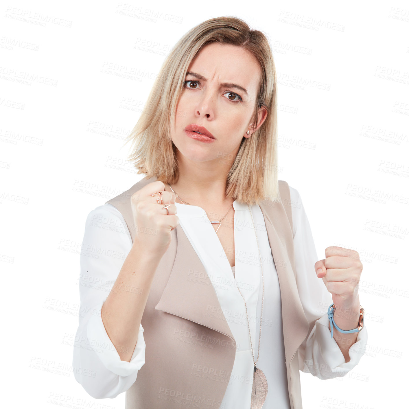 Buy stock photo Woman, angry in portrait with fist and fight pose with self defense and fighter isolated on white background. Anger, warning and conflict with violence and female fighting face, punch and attack