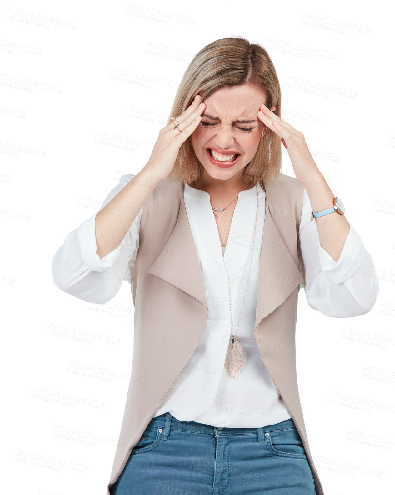 Buy stock photo Stress, headache and anxiety with a woman in studio isolated on a white background holding her head in pain. Mental health, burnout and migraine with a female suffering from tension on blank space