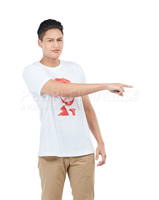 Buy stock photo Confused, mockup and pointing with portrait of asian man for question, product or choice. Target, angry and space with isolated guy for gesture, decision and planning in white background studio