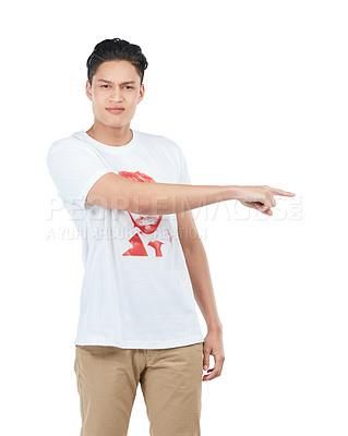 Buy stock photo Idea, mockup and pointing with portrait of asian man for question, product and deal choice. Target, solution and sales with isolated guy for gesture, space and planning in white background studio