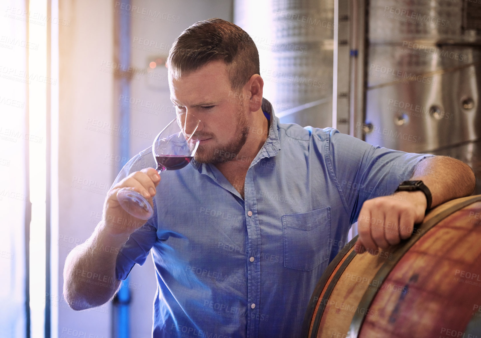 Buy stock photo Man, barrel and wine maker with glass as manager for tasting, process and production. Supplier, winery and drinking product for alcohol manufacturing, craft and liquor at factory in small business