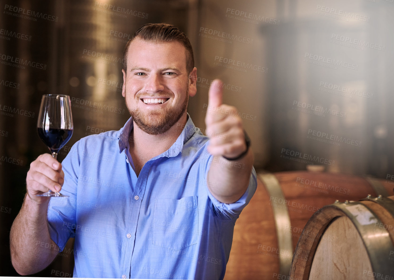 Buy stock photo Man, portrait and glass with thumbs up for wine tasting in cellar with good quality, agreement and like experience. Professional, sommelier and yes emoji in winery for inspection success and support