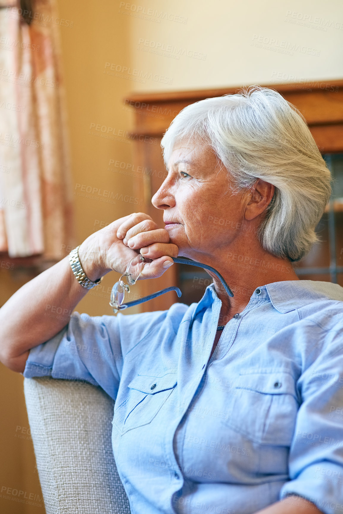 Buy stock photo Window, senior or woman thinking in house with memory, ideas and calm peace on living room chair. Nostalgia, remember or elderly lady with decision, glasses or wellness in retirement, lounge or home