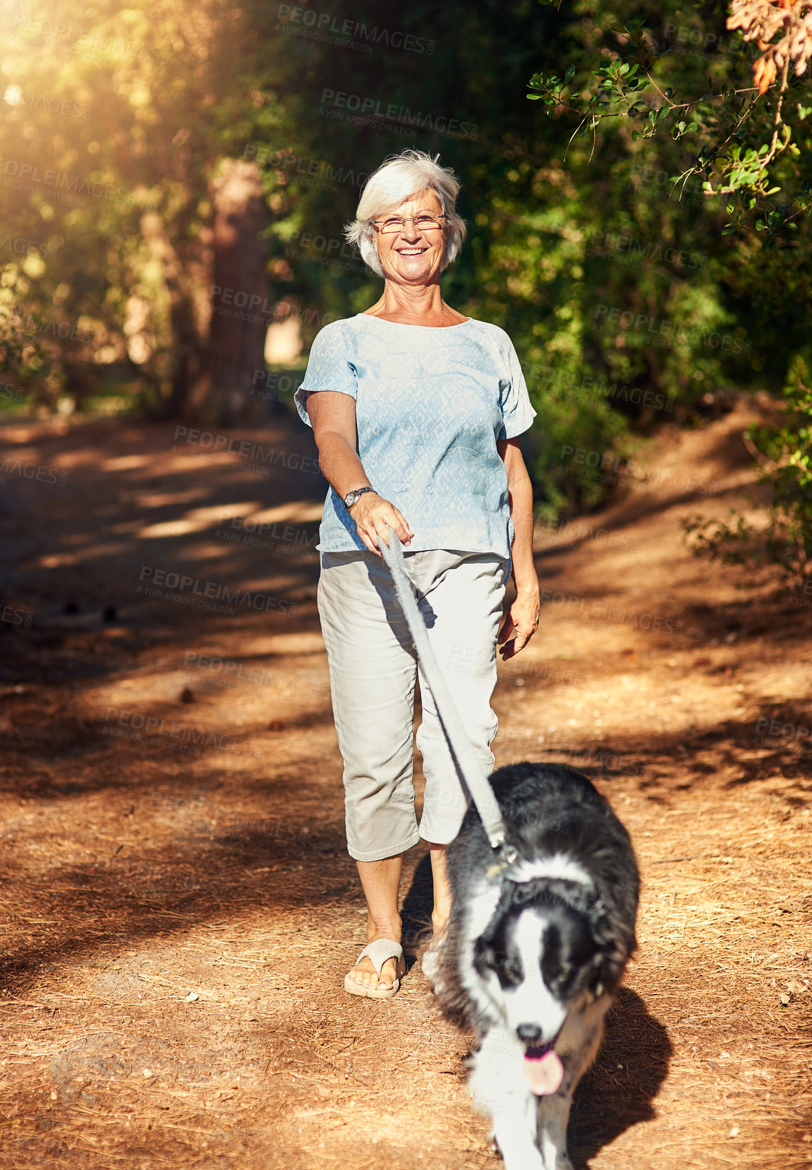 Buy stock photo Portrait of a happy senior woman relaxing in a park with her dog