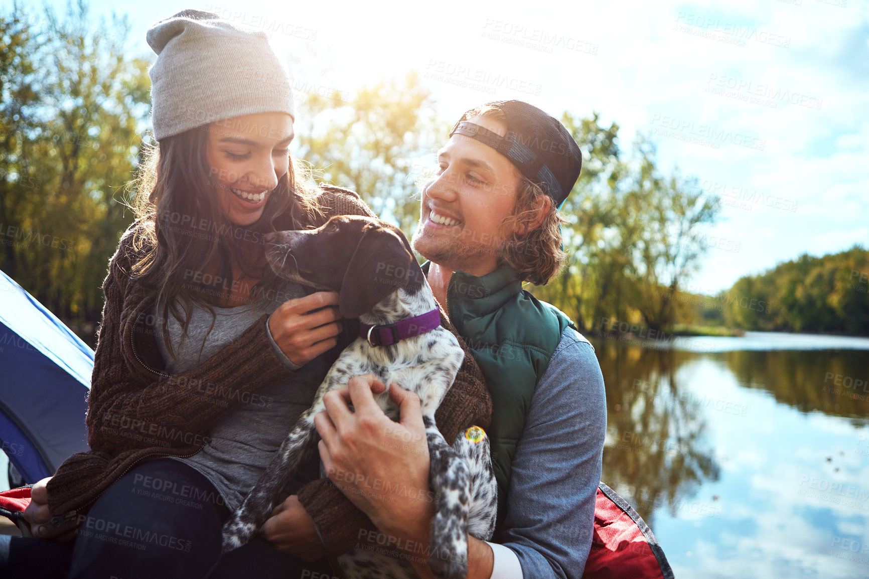 Buy stock photo Adventure, couple and dog with love of camping in nature forest, sunshine and bond, smile and support of animal holiday. Happy, woman and man with puppy pet for care, hug or relax in summer journey