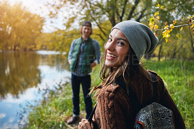 Buy stock photo Cropped portrait of an affectionate young couple spending a day in nature