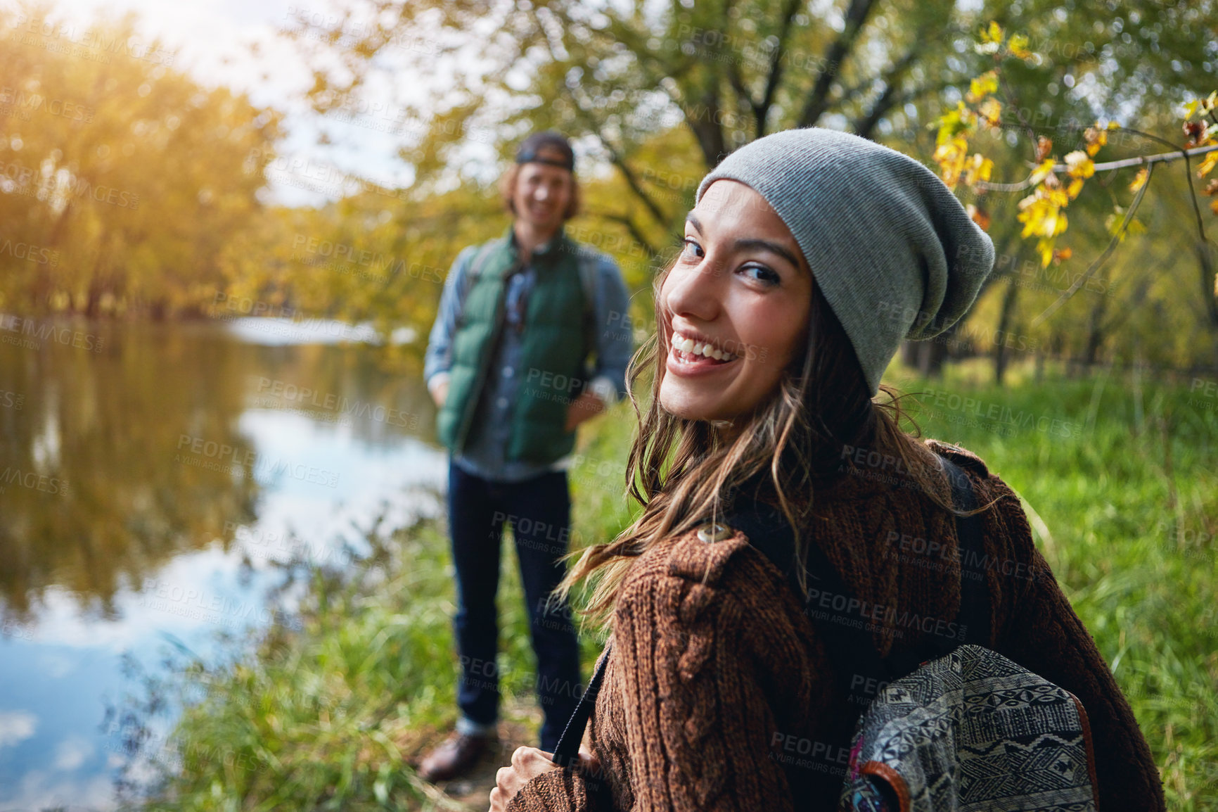 Buy stock photo Cropped portrait of an affectionate young couple spending a day in nature