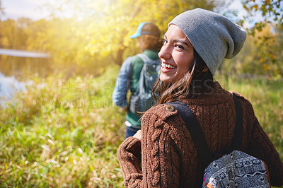 Buy stock photo Cropped portrait of an affectionate young couple spending a day in nature