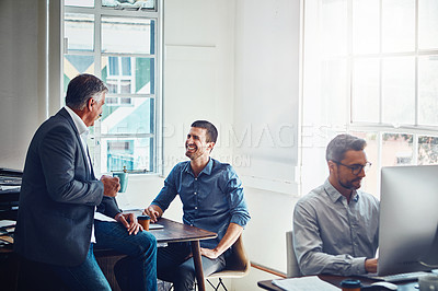Buy stock photo Office building, meeting and business people talking at desk for planning, company success and goals. Corporate workplace, teamwork and employees sitting at table, in discussion and coworking on idea