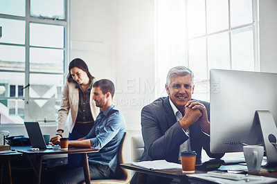 Buy stock photo Mature man, portrait and co working office with team for research and development for company with innovation. Business people, conversation and collaboration for problem solving and risk management.