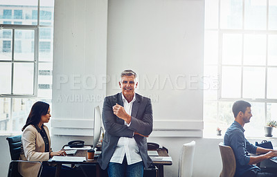 Buy stock photo Portrait of a confident mature businessman managing a small team in a modern office