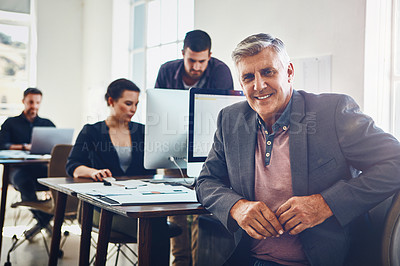 Buy stock photo Mature man, portrait and happy in office with computer for research and product development for company with innovation. Business people, technology and online for problem solving and proposal.