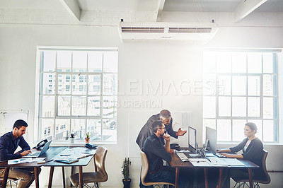 Buy stock photo Marketing, training and business people on computer in office, talking or discussing work. Collaboration, coaching and senior manager on pc teaching or helping coworker with finance or sales project.
