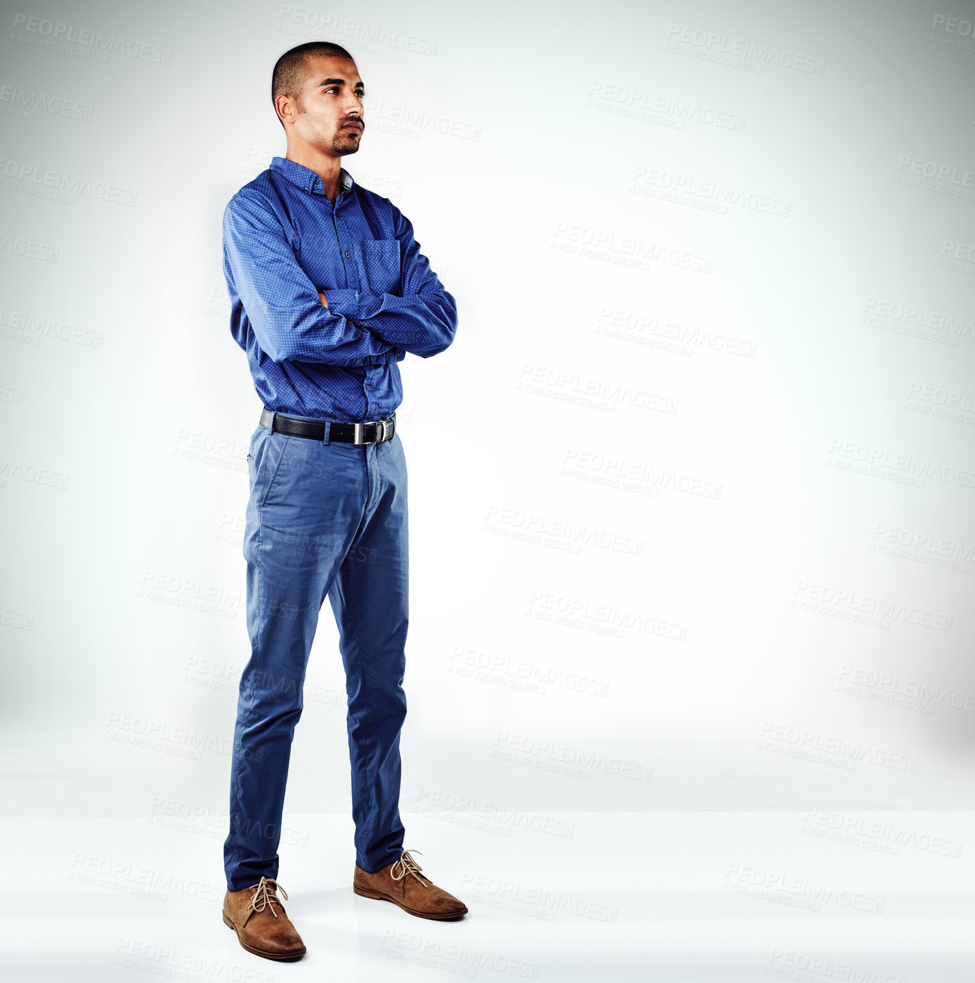 Buy stock photo Arms crossed, serious and thinking with business man in studio for ambition, inspiration or opportunity. Idea, mission and space with confident employee on white background for career development
