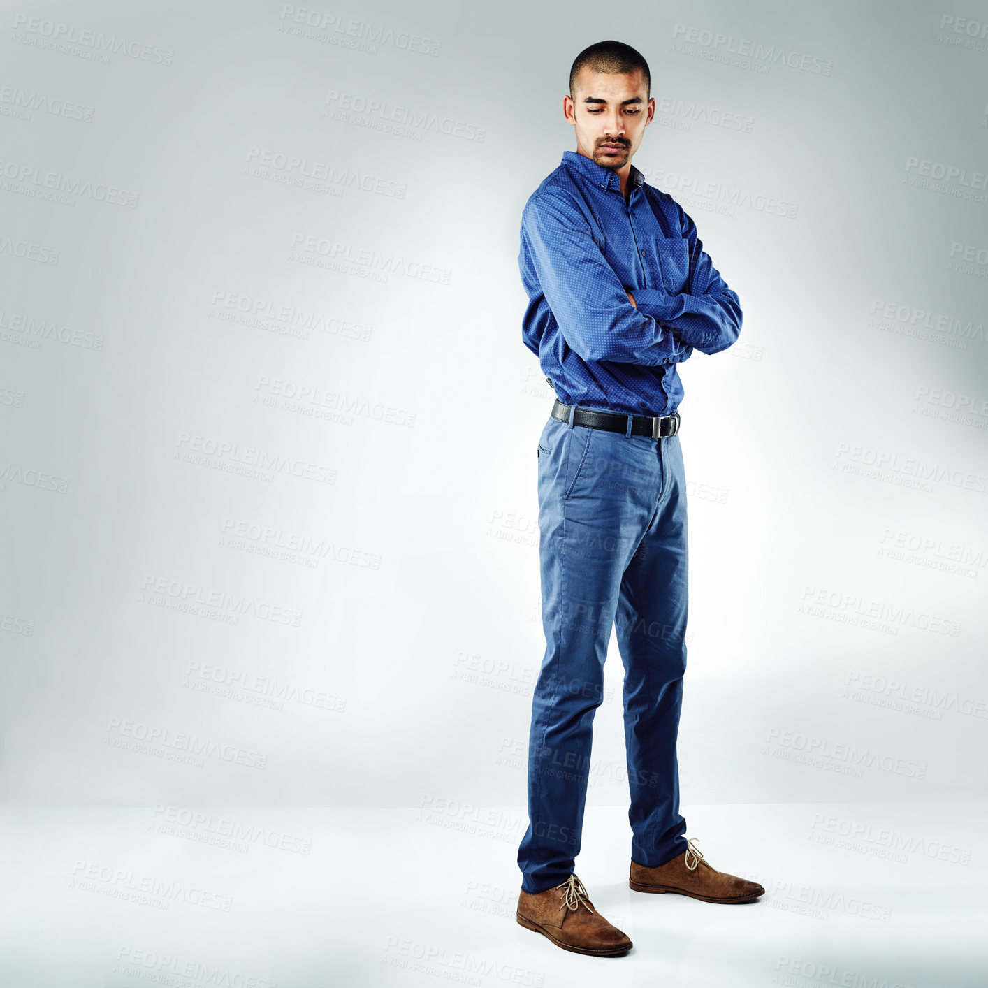 Buy stock photo Arms crossed, space and thinking with business man in studio for inspiration, opportunity or problem solving. Idea, mission and serious with employee on white background mockup for career solution