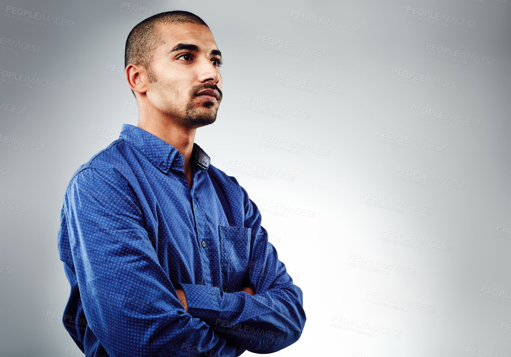 Buy stock photo Studio, businessman and thinking with confidence for planning, arms crossed or investor with ideas. Mockup space, male person or trader with thoughts for service, finance solution or white background