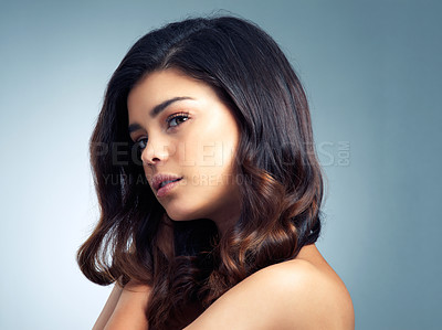 Buy stock photo Woman, hair care and thinking in studio keratin treatment for idea, salon or shampoo glow on gray background. Body, aesthetic and female model in thought for remember, fresh texture or cosmetics