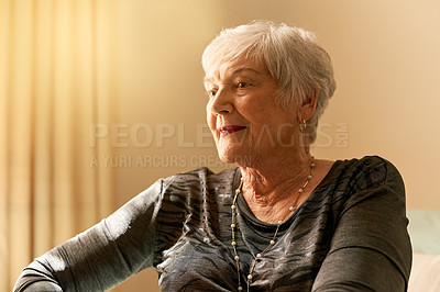 Buy stock photo Elderly woman, sad and thinking in home for retirement with depression, mental health and dementia. Senior lady, lonely and thoughtful in bedroom with remember for nostalgia and anxiety for future