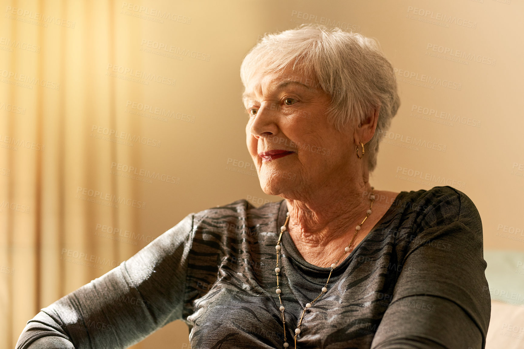 Buy stock photo Elderly woman, sad and thinking in home for retirement with depression, mental health and dementia. Senior lady, lonely and thoughtful in bedroom with remember for nostalgia and anxiety for future