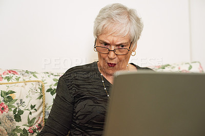 Buy stock photo Senior woman, shock and laptop in house with internet for watch film, social media and streaming video. Elderly lady, surprise and computer with wow for fake news and online article for pension scam