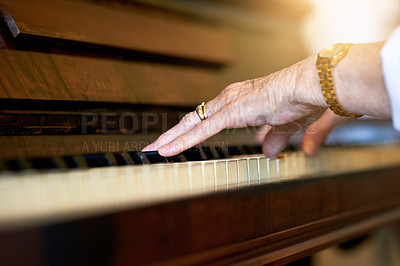 Buy stock photo Home, hands and old woman with piano, sound or instrument with talent, music or training for performance. Closeup, classical artist or senior person with culture, audio or practice with hobby or jazz