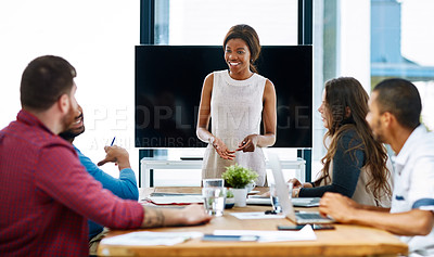 Buy stock photo Boardroom, business people and woman for presentation, feedback or discussion with staff. Creative agency, manager and colleagues in office for listening, taking notes or attention to updates as team