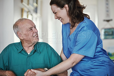 Buy stock photo Senior, happy man and nurse with patient in healthcare for support, elderly care or trust at old age home. Woman, medical caregiver or volunteer helping person with a disability in retirement house