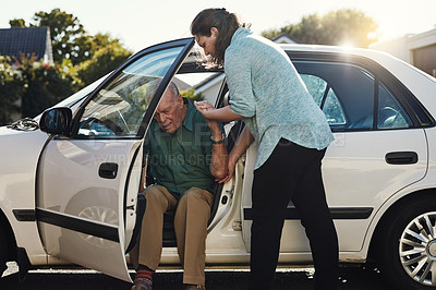 Buy stock photo Car, help and woman with senior man for assisted living, retirement care and rehabilitation. Travel, transportation and female caregiver helping elderly male person from motor vehicle for assistance