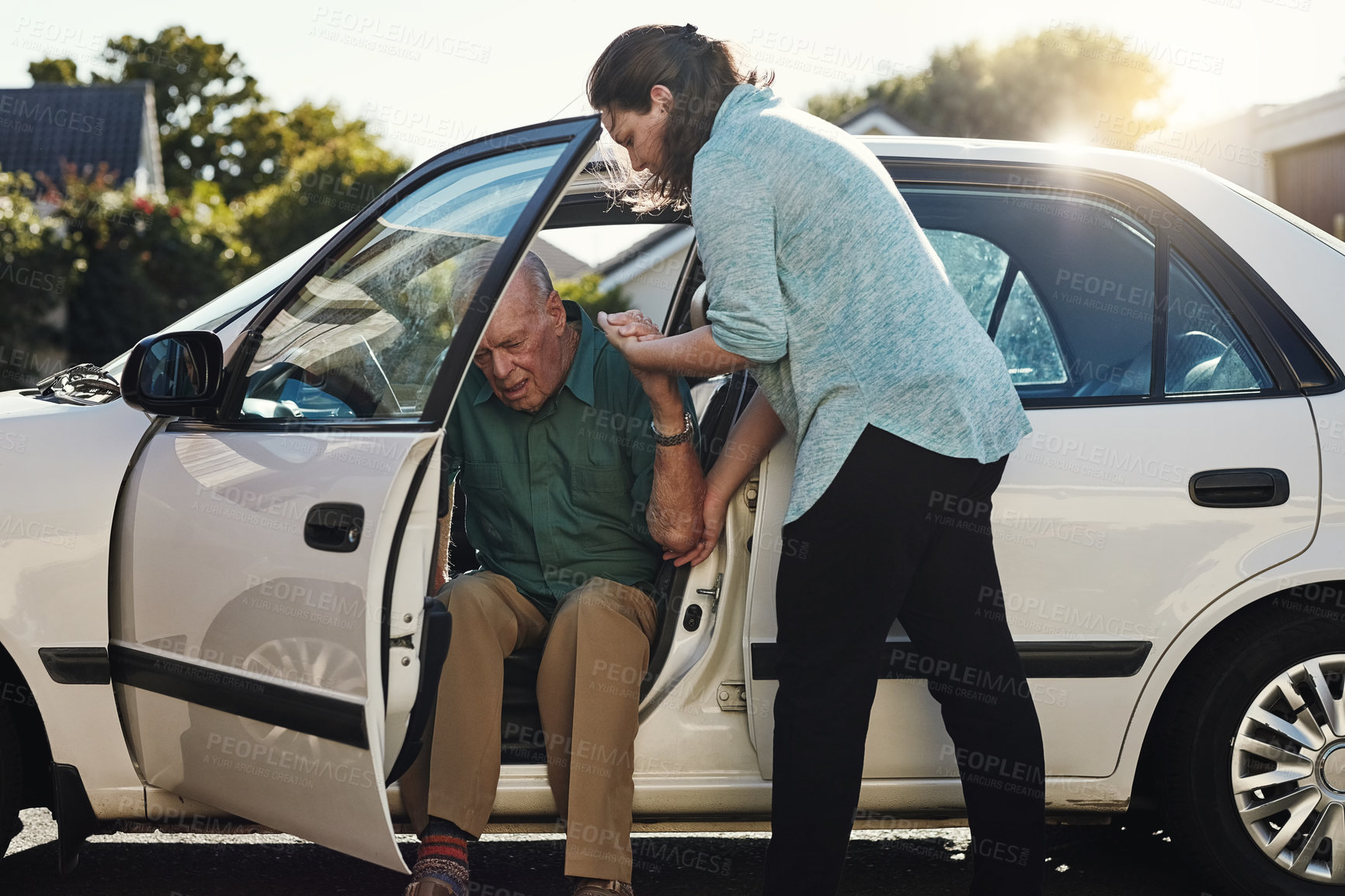 Buy stock photo Car, help and woman with senior man for assisted living, retirement care and rehabilitation. Travel, transportation and female caregiver helping elderly male person from motor vehicle for assistance