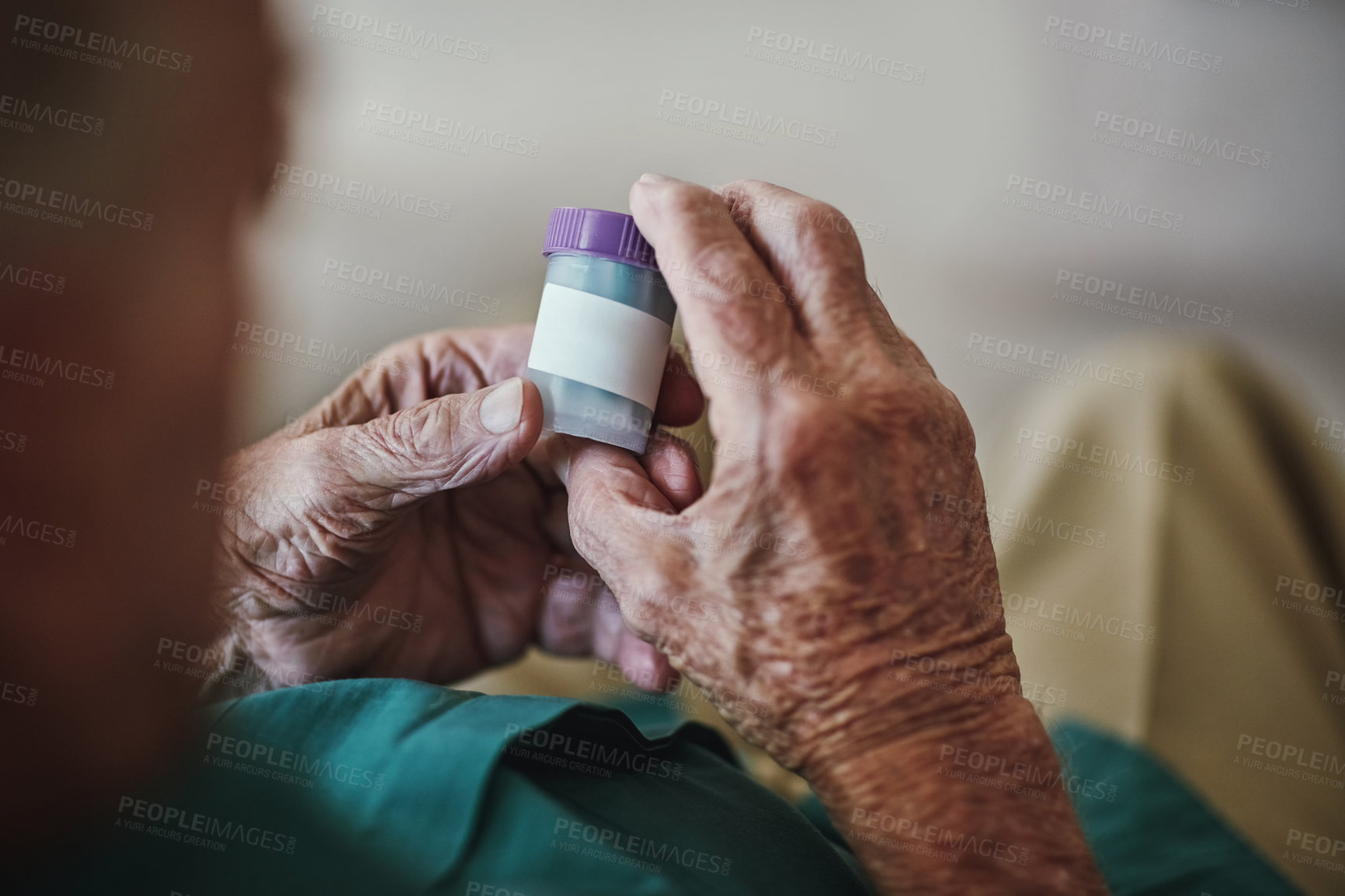 Buy stock photo Senior person, hands and reading with pills for illness, medication or sickness symptoms at old age home. Closeup of elderly or chronic patient checking container for medical dose or side effects