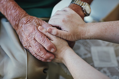 Buy stock photo Elderly man, woman and holding hands for support with care and empathy while together for closeup. Hand of senior male and person for hope, trust and kindness or help with life insurance and health