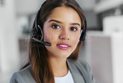 Buy stock photo Customer service, business and portrait with woman in office for call center, support and communication. Consultant, headset and smile with tech at work for inbound sales, telemarketing and telecom