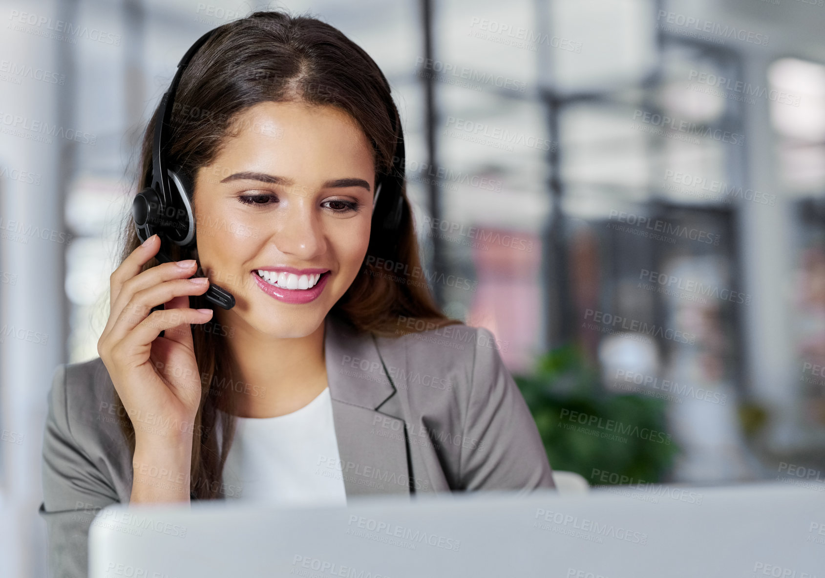 Buy stock photo Happy, woman and telemarketing in call centre for customer service, advice and communication on hotline. CRM, female person and microphone for discussion, guidance and technical support in office