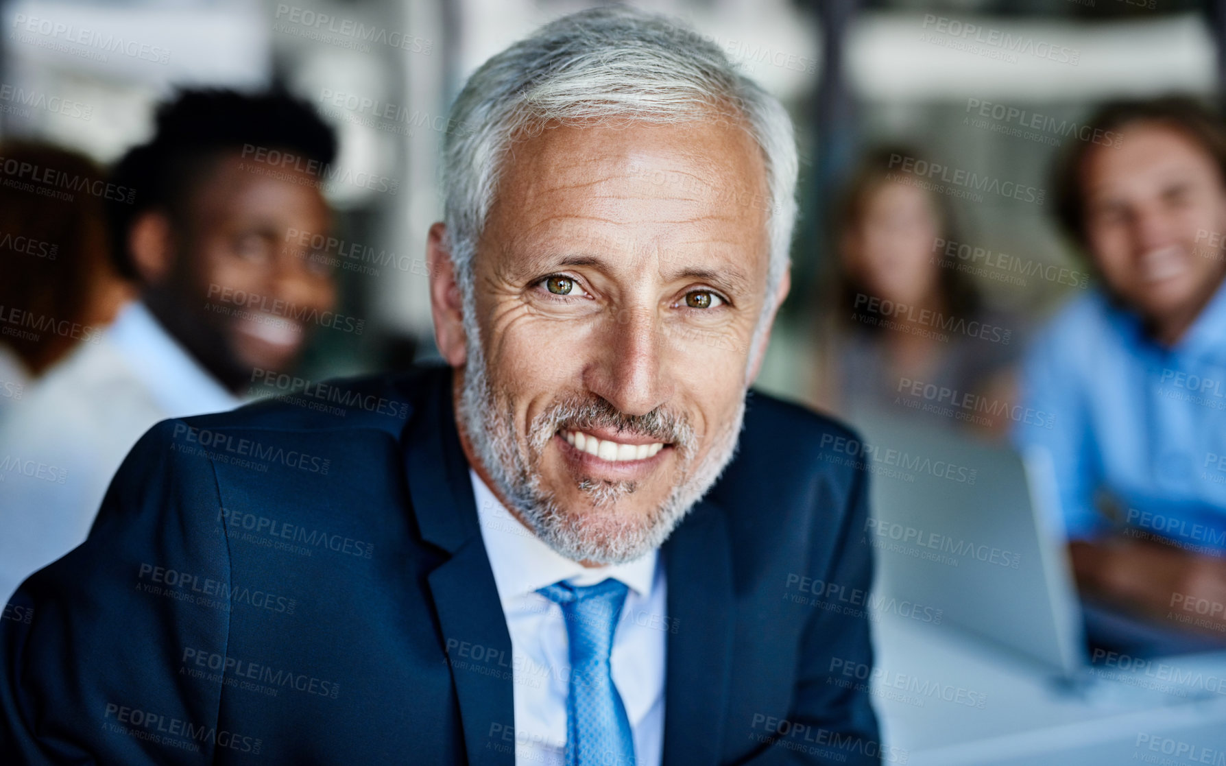 Buy stock photo CEO, portrait and happy business man in office for coworking, job or about us in company. Face, smile and professional entrepreneur with diverse group, employees and mature financial manager at work