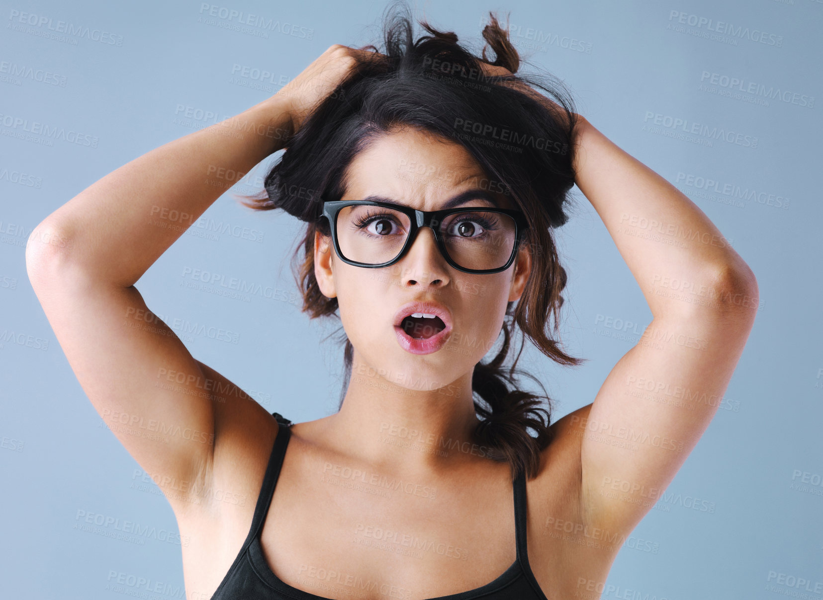 Buy stock photo Portrait, hair care and woman with surprise for problem, disaster and wow. Scalp, face and hairstyle of model shocked at beauty results with glasses at hairdresser salon isolated on studio background