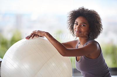 Buy stock photo Woman, portrait and exercise ball for fitness and wellness in studio with smile for health and break. Face of a happy and young African person with workout, pilates and balance for strength practice