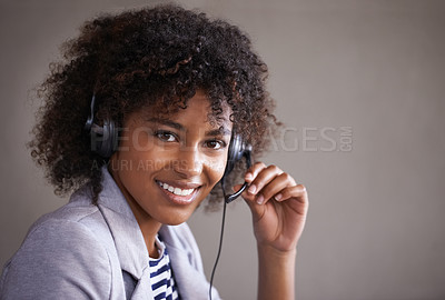 Buy stock photo Portrait, call center and happy woman in headset and virtual communication, technical support or talking online. Professional agent, consultant or face of African business person in telemarketing job