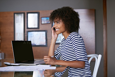 Buy stock photo Phone call, budget and woman with work from home communication, financial writing and planning on laptop. African person talking on cellphone for loan, taxes and bank information with computer screen